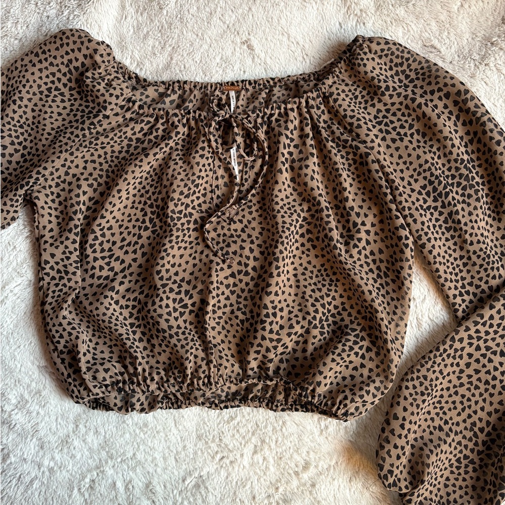 Free People Brown Heart Print Cropped Long Sleeve